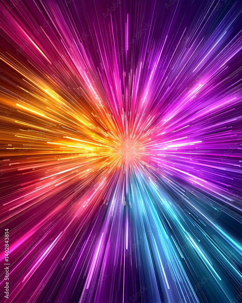 Obraz premium Vibrant light rays burst from central point, radiating outwards in a colorful explosion