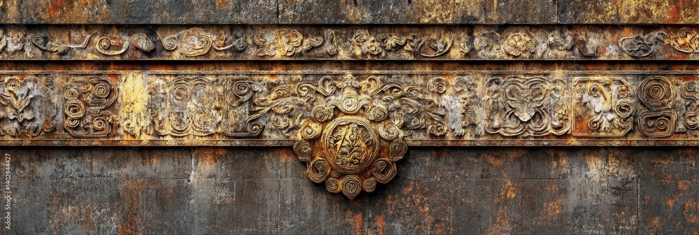 Ornate metal decoration on weathered wood surface showing signs of age.
