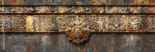 Obraz na płótnie Ornate metal decoration on weathered wood surface showing signs of age. w salonie