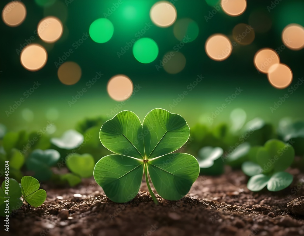 Naklejka premium Lucky Four-Leaf Clover in the Ground at Night