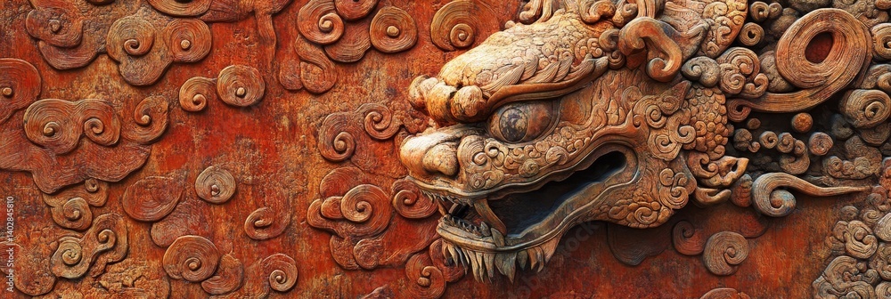Carved stone lion on a red background with cloud patterns.