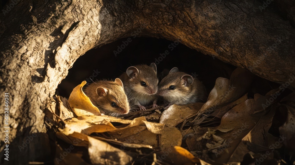 Three small rodents nestled together in a cozy burrow surrounded by autumn leaves Three small rodents nestled together in a cozy burrow surrounded by autumn leaves