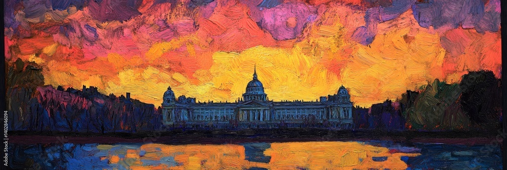 Building reflected in water with colorful sky at sunset or sunrise painting style.