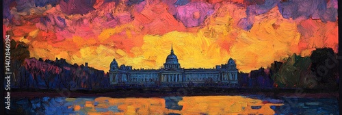 Obraz na płótnie Building reflected in water with colorful sky at sunset or sunrise painting style. w salonie