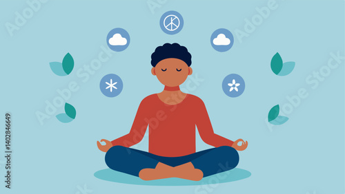 Relaxation Pose The individual is in a seated position eyes closed with a serene smile surrounded by floating icons representing peace warmth and health.
