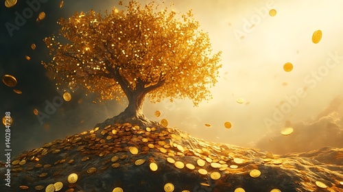 Fantasy tree with golden coins as foliage standing tall in a glowing landscape wealth and abundance