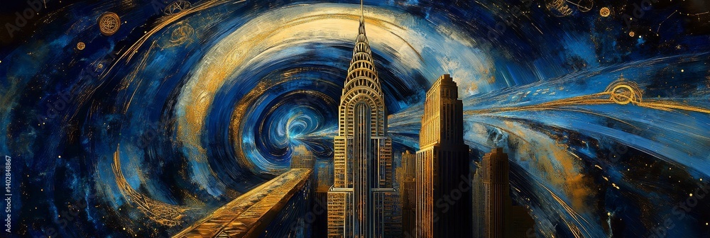 Building silhouette against a swirling blue and yellow sky artistic representation.