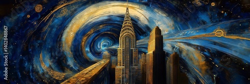 Building silhouette against a swirling blue and yellow sky artistic representation.