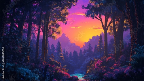 Wallpaper Mural Enchanted forest bathed in ethereal twilight hues of pink and orange Torontodigital.ca