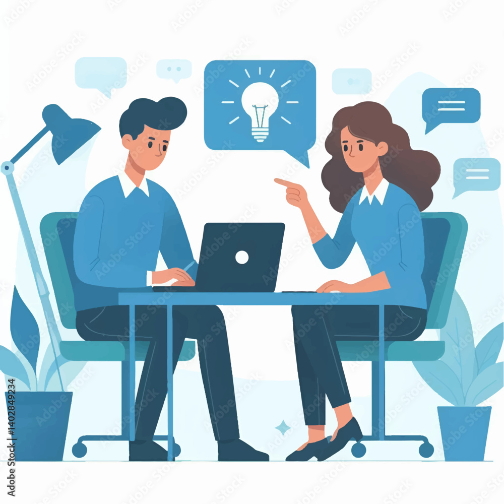 Two people brainstorming at a shared desk in a minimal productivity workspace. Flat vector with bold color contrast and simple composition. Two people brainstorming at a shared desk in a minimal productivity workspace. Flat vector with bold color contrast and simple composition.