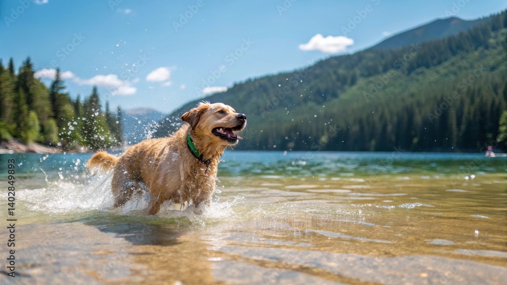 a golden retriever joyfully splashing at lake a golden retriever joyfully splashing at lake