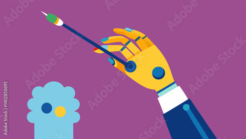 Precision Painting A bionic hand holding a fine paintbrush meticulously painting delicate strokes on a canvas with vivid colors blending seamlessly.