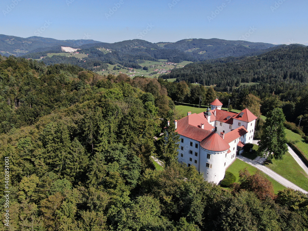 Fototapeta premium Aerial overview and landscape of Bogensperk Castle, Slovenia