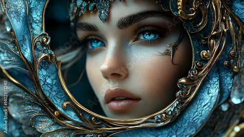A captivating portrait of a fantasy woman in ornate blue and gold armor.
