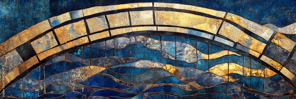 Abstract mosaic art featuring blue and gold colors in an arched pattern.