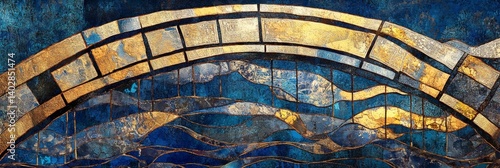 Obraz na płótnie Abstract mosaic art featuring blue and gold colors in an arched pattern. w salonie