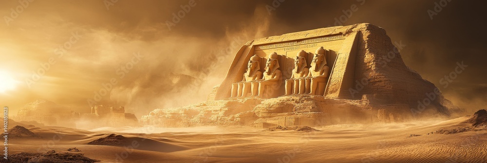 Ancient building in desert landscape with sandstorm and golden light.