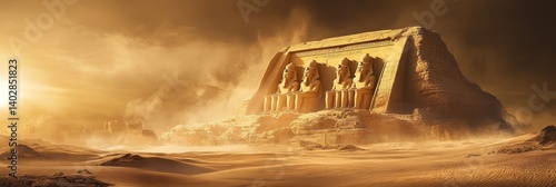 Obraz na płótnie Ancient building in desert landscape with sandstorm and golden light. w salonie