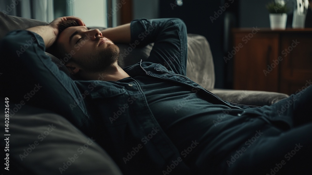 Fototapeta premium Man resting on a sofa in a relaxed position in a dark indoor environment