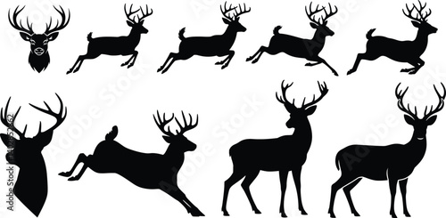full-body black deer head  silhouette antlers  vector illustration stag buck animal wildlife ico logo isolated design symbol emblem  graphic hunting  shape mammal antler wild  moos