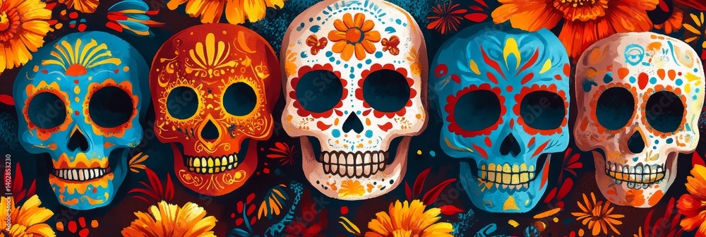 Five colorful sugar skulls with floral decorations against a dark floral background.