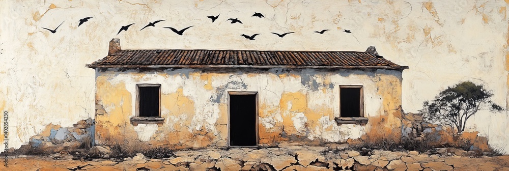Painting of a weathered building with dark windows and birds flying above.