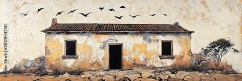 Obraz na płótnie Painting of a weathered building with dark windows and birds flying above. w salonie
