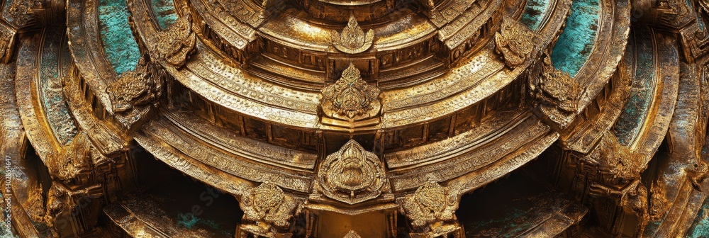 Ornate golden architectural detail with turquoise accents in a symmetrical pattern.