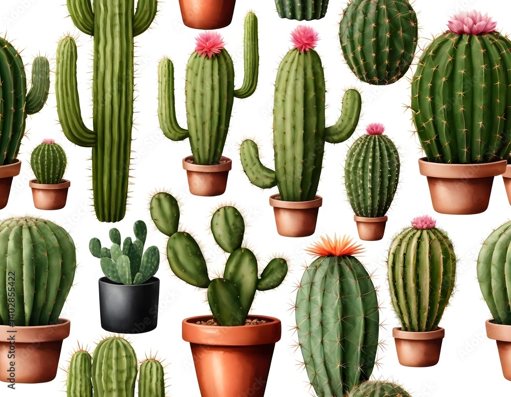 Fototapeta premium Watercolor Cactus Collection Seamless Pattern