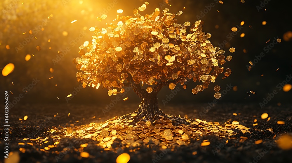 Naklejka premium Lush tree covered in golden coins thriving in a dreamlike financial world