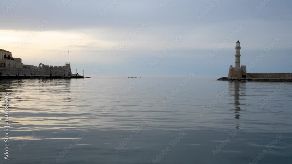 Twilight at the entrance to the historic Venetian harbor at Chania, Crete with the landmark stone lighthouse on the right Twilight at the entrance to the historic Venetian harbor at Chania, Crete with the landmark stone lighthouse on the right