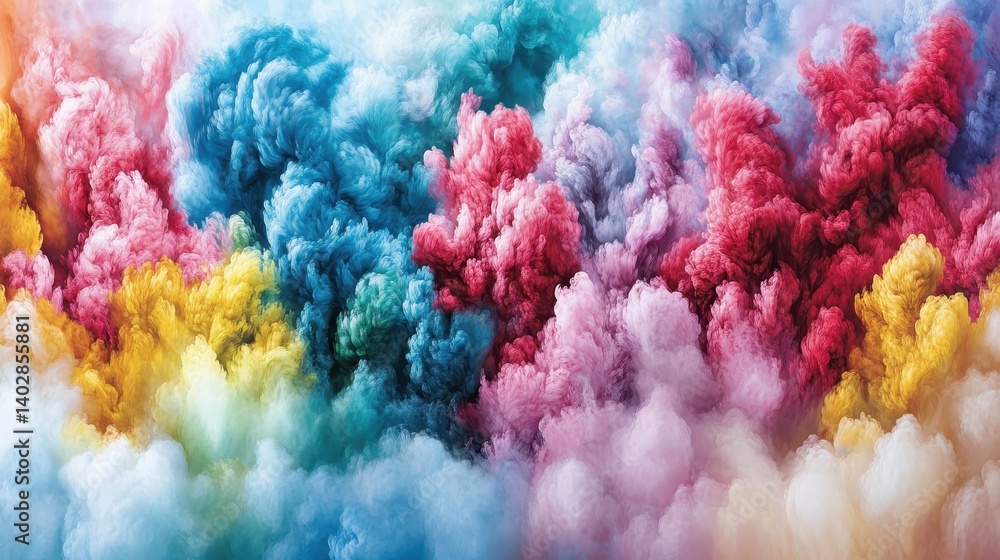 Fototapeta premium A vibrant explosion of colorful clouds, blending shades of blue, pink, yellow, and white, creating a dreamlike and artistic atmosphere.