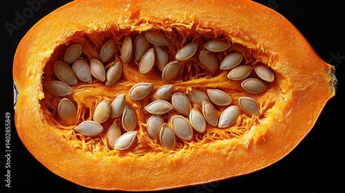 A vibrant slice of pumpkin showcasing its bright orange flesh and embedded seeds against a dark background. Isolate on dark background, copy space, 300dpi, commercial use