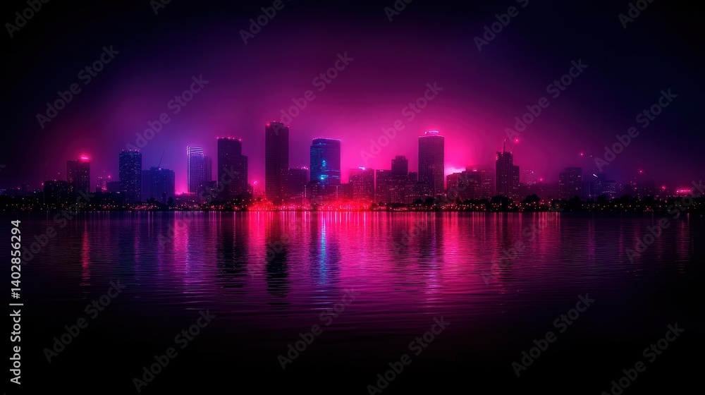 A vibrant city skyline illuminated by colorful lights reflects on the water, creating a stunning nighttime scene. A vibrant city skyline illuminated by colorful lights reflects on the water, creating a stunning nighttime scene.