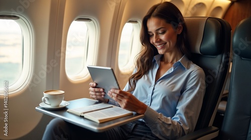 Happy traveler enjoying a tablet on a flight with a coffee  