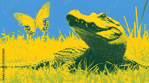 A vibrant illustration of a butterfly and alligator in a field of yellow grass.
