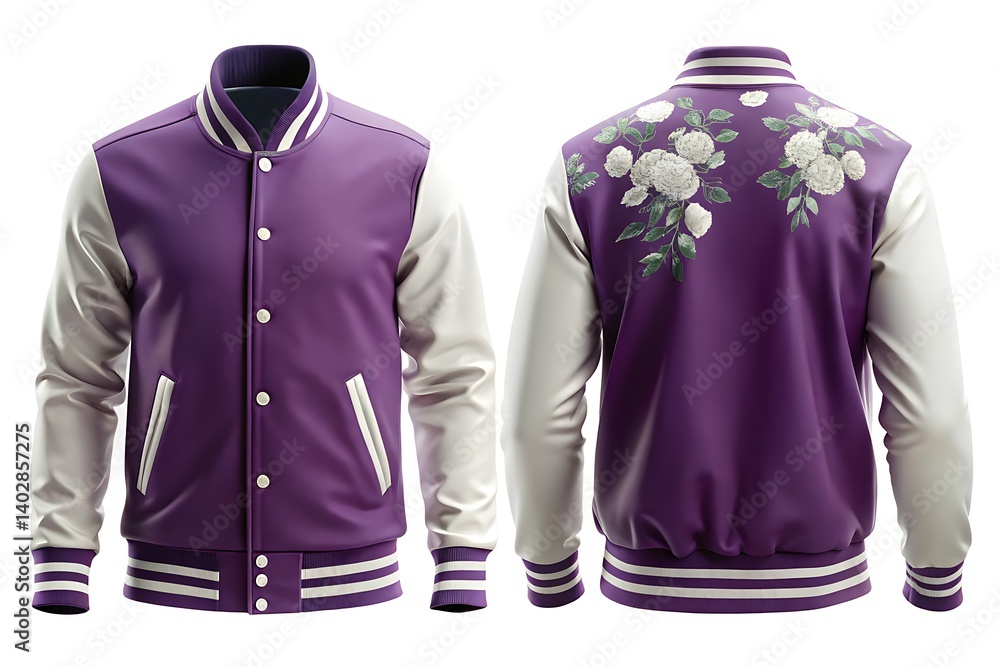 Purple Varsity Jacket Mockup, Front & Back View, Floral Design, White Sleeves, Buttons Purple Varsity Jacket Mockup, Front & Back View, Floral Design, White Sleeves, Buttons