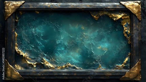 A captivating teal sea landscape framed in dark bronze and gold.