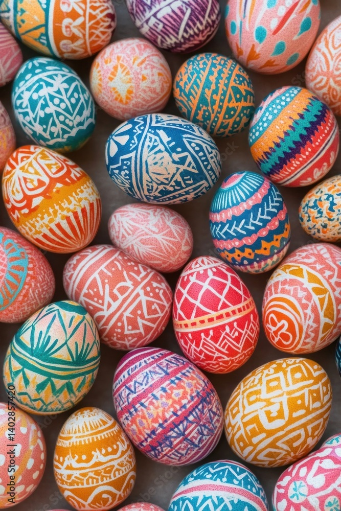 A neatly arranged collection of colorful Easter eggs with detailed patterns and vibrant hues A neatly arranged collection of colorful Easter eggs with detailed patterns and vibrant hues
