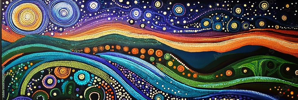 Colorful abstract landscape painting with stars moon and wavy lines.