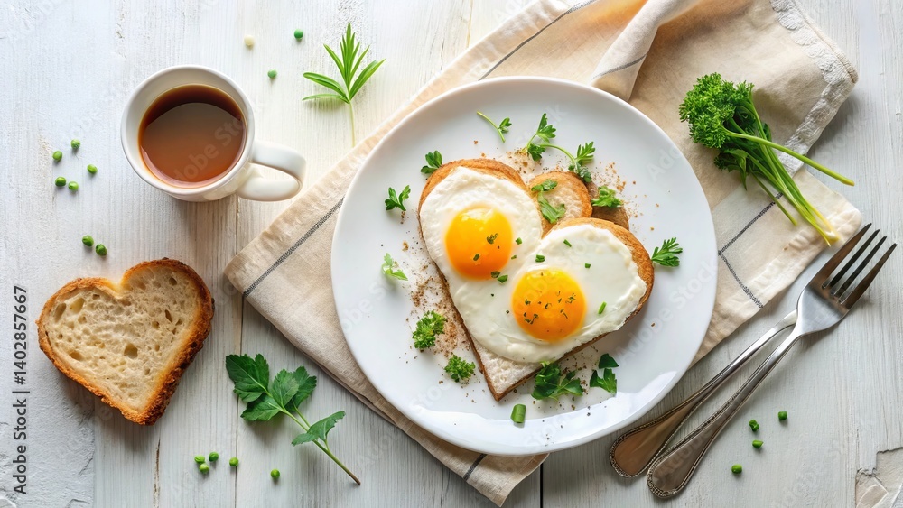 Heart-Shaped Fried Eggs on Toast with Coffee and Herbs A Romantic Breakfast Heart-Shaped Fried Eggs on Toast with Coffee and Herbs A Romantic Breakfast