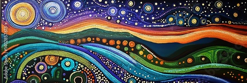 Obraz na płótnie Colorful abstract landscape painting with stars moon and wavy lines. w salonie