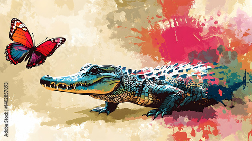 A vibrant illustration of an alligator and a butterfly.