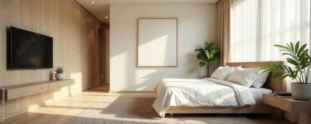 Fototapeta premium Minimalist hotel bedroom Neutral palette, geometric patterns, natural light , platform bed, peaceful, neutral