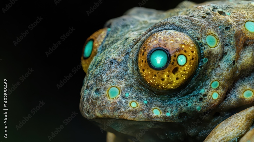 Close-up view of a frog's head with vibrant eyes and textured skin. Close-up view of a frog's head with vibrant eyes and textured skin.