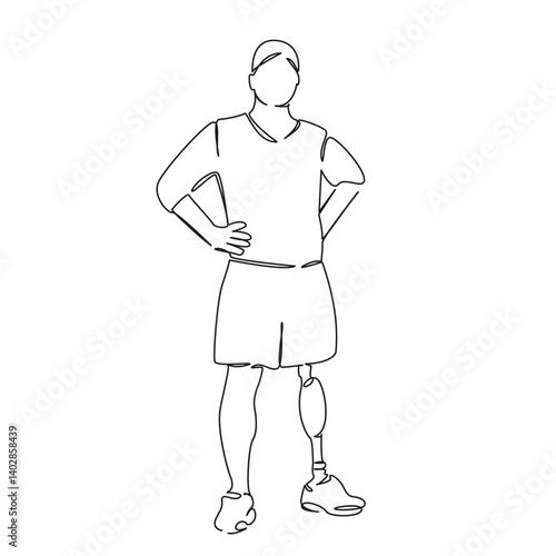 One continuous single drawing line art flat doodle human, amputee, limb - body part, leg, medicine. Isolated image hand draw contour on a white background, hand drawn, not AI