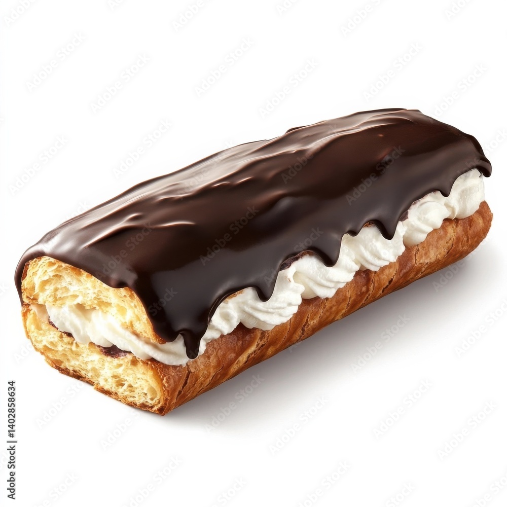 A thick slice of chocolate eclair with a glossy chocolate glaze, soft pastry, and creamy filling inside A thick slice of chocolate eclair with a glossy chocolate glaze, soft pastry, and creamy filling inside