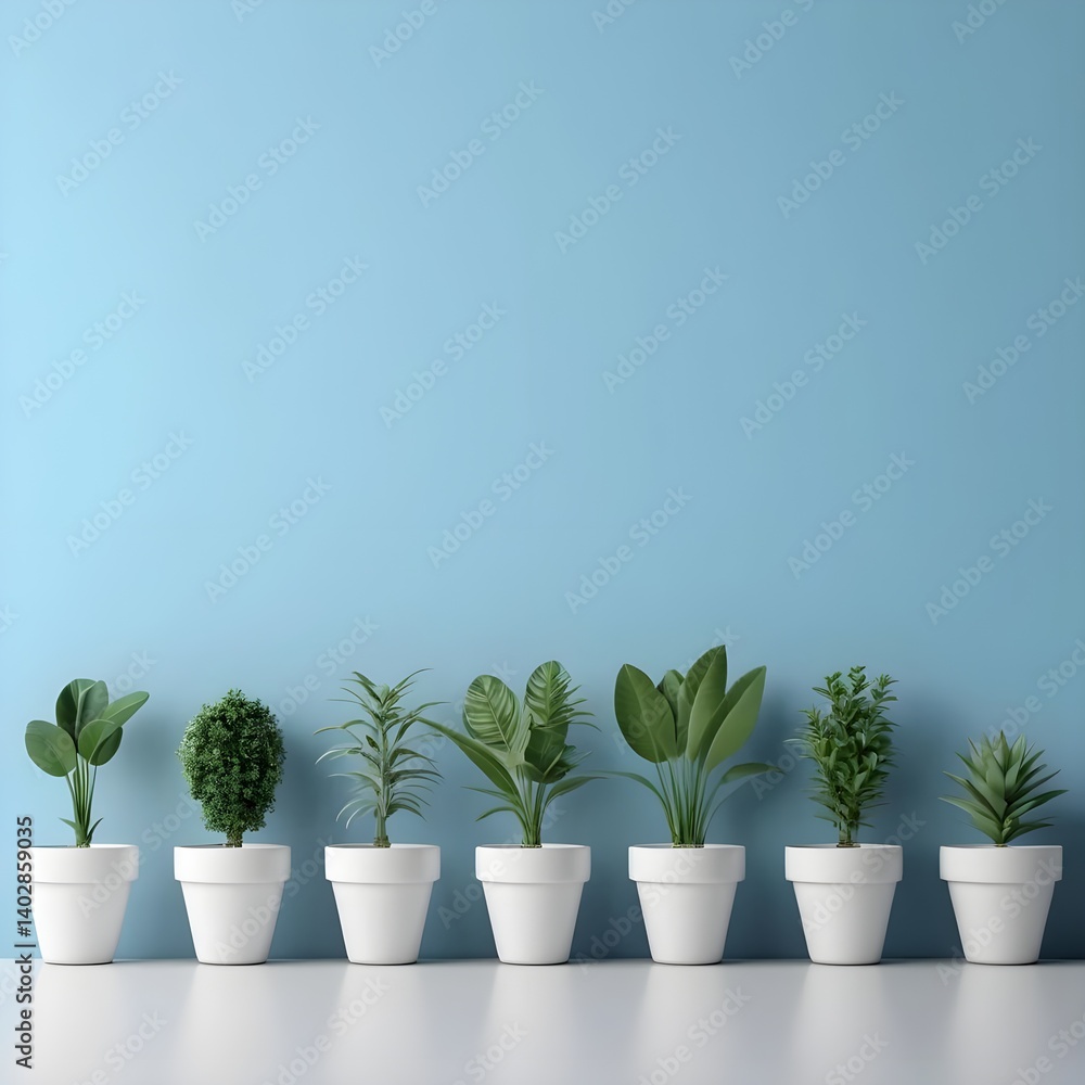 Fototapeta premium Row of potted plants against a blue wall