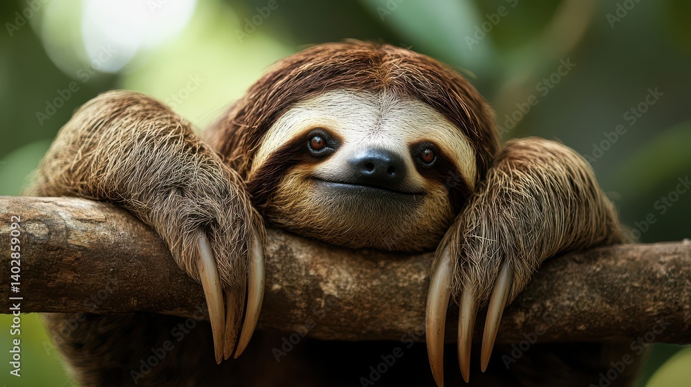 Naklejka premium A charming sloth resting peacefully on a tree branch.