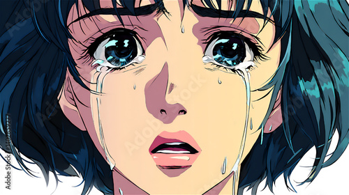 涙を流すアニメ風の少女のクローズアップ